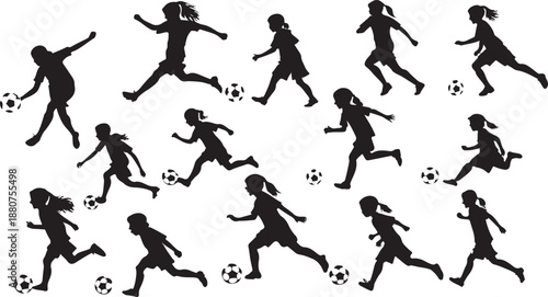 Kids playing football silhouette illustration with multiple players in action
