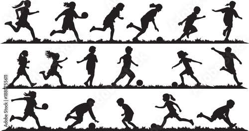 Kids playing football silhouette illustration vector design with multiple players