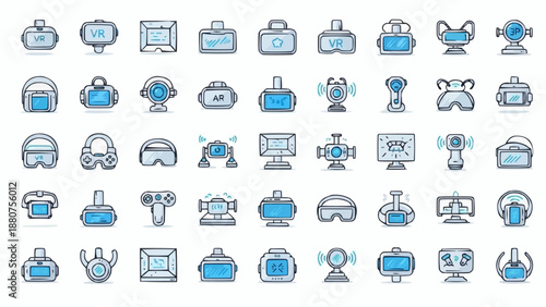 Collection of modern technology and media icons in blue and gray on white background