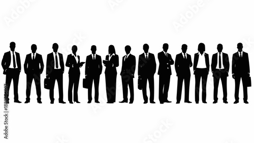 Diverse group of business professionals standing together in formal attire with briefcases
