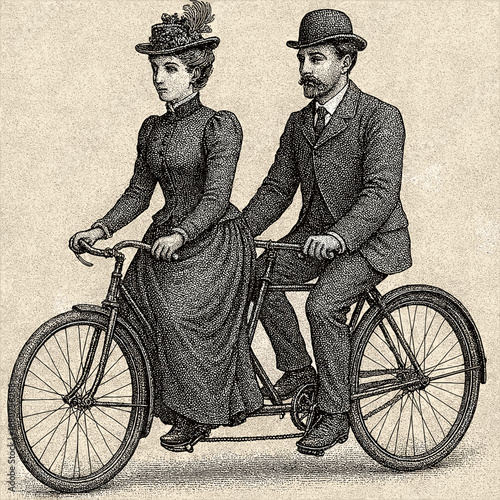 Vintage illustration of a couple riding a tandem bicycle in historical fashion 