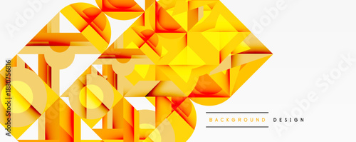 Abstract geometric shapes, vibrant orange, yellow hues. Modern design, layered forms create dynamic visual texture. Background element.