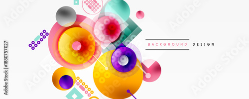 Abstract colorful shapes overlap. Circles, squares, lines create dynamic composition. Modern design elements present vibrant visual experience.