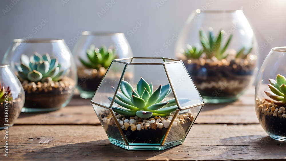 Obraz premium Succulent Terrariums on Wooden Table Decorative Indoor Plants