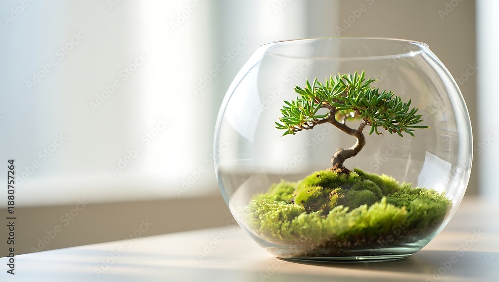 Fototapeta premium Miniature Bonsai Tree in Glass Terrarium Decoration