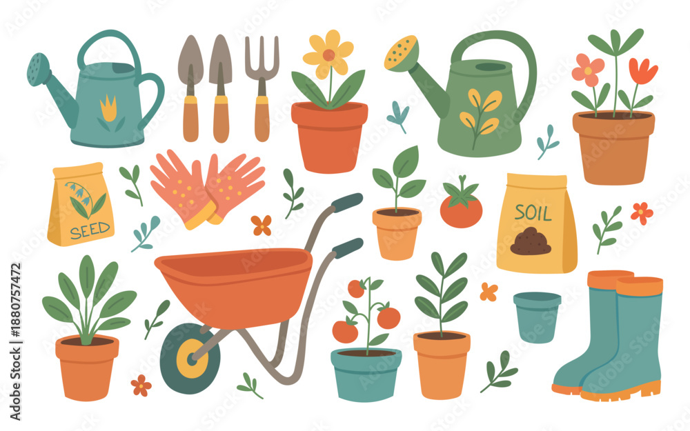 Fototapeta premium Playful gardening illustration set featuring tools, pots, and seedlings, great for home growing guides, spring activities articles, and hobby lifestyle content.