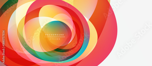 Abstract colorful circles overlap creating dynamic visual effect. Red, orange, yellow, green hues blend smoothly. Modern design element.