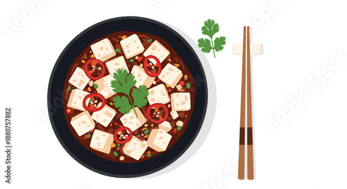 Bowl of spicy Sichuan mapo tofu garnished with fresh cilantro and wooden chopsticks viewed from above on a clean white background for food design.