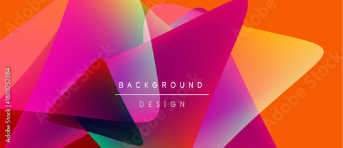 Abstract vibrant shapes overlap. Orange, pink, purple hues create dynamic background design. Modern aesthetic, clean lines present.