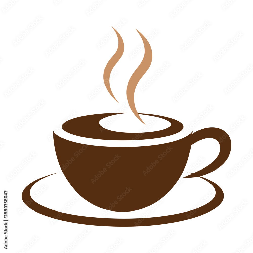 Obraz premium Brown coffee cup with steam rising from top on saucer icon
