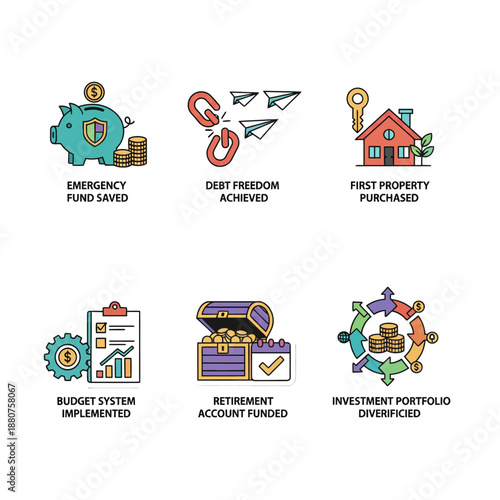 financial goals icons representing personal money management achievements illustrating wealth building strategies and investment planning for educational content