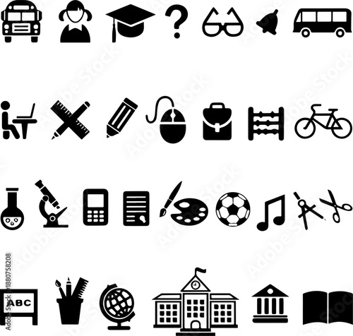 Set of education and school icons in black silhouette style