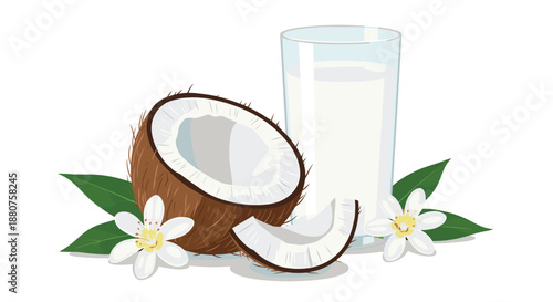 Fresh coconut split in half with a separate slice shown alongside a tall glass of coconut milk and white flowers with green leaves.