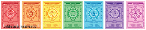Set of basic seven chakra with names and description. Sanskrit sacral symbol names in appropriate colors. Characteristics and psychological aspects of human energy centers in yoga. Test cards. Vector