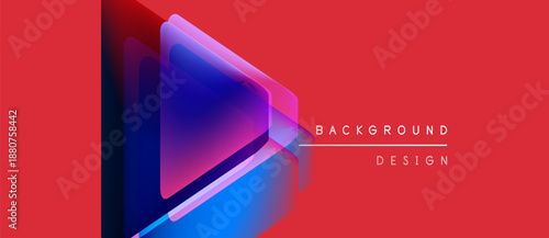 Abstract geometric design. Overlapping triangles create vibrant color gradient. Red background provides strong contrast. Modern visual element.