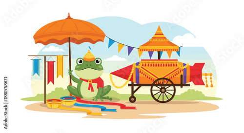 Illustration of a cute green frog wearing a traditional hat and scarf participating in a Thai rocket festival or Bun Bang Fai.