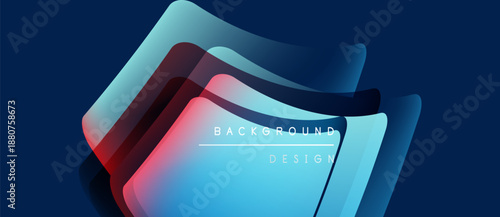 Abstract layers create dynamic background. Blue, red, cyan hues blend, forming modern design element. Minimalist aesthetic, sleek presentation.