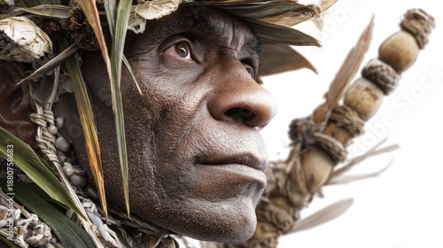 Tribal elder in traditional attire: A wise and respected elder, adorned in traditional attire, gazes with introspection. A striking portrait of cultural heritage. 