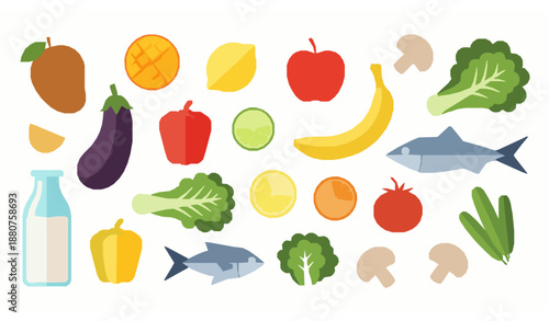 Fresh Natural Healthy Food Flat Vector Illustration with Fruits Vegetables Fish and Milk