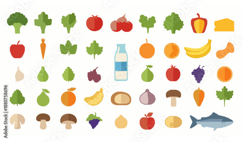 Healthy Food Flat Vector Set with Fresh Fruits Vegetables Fish and Dairy Products