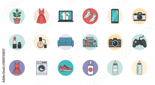 Large set of colorful circular icons representing various consumer goods such as clothing, electronics, home decor, and baby products.