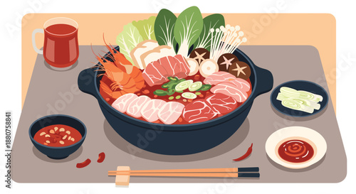 Elaborate spicy hot pot feast featuring meat, shrimp, vegetables, mushrooms, and tofu in a large pot with various dipping sauces.