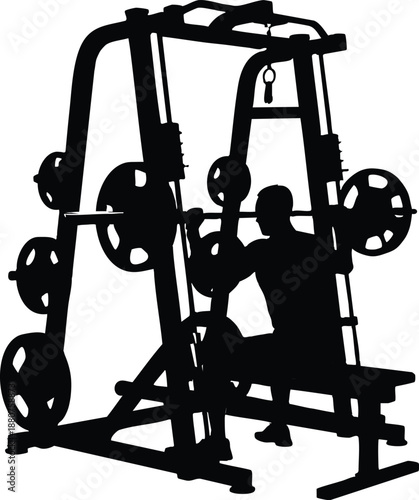 Bodybuilder Smith Machine Silhouette, Heavy Weightlifting Strength Graphic, Gym Performance and Training Illustration, High-Intensity Powerlifting Silhouette, vector, illustration, silhouette