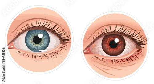 Detailed illustration of two human eyes one with a blue iris and the other with a brown iris both showing clear white sclera.