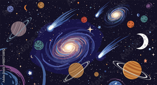 Vast universe scene featuring multiple galaxies, planets with rings, crescent moons, comets, and twinkling stars in deep space.