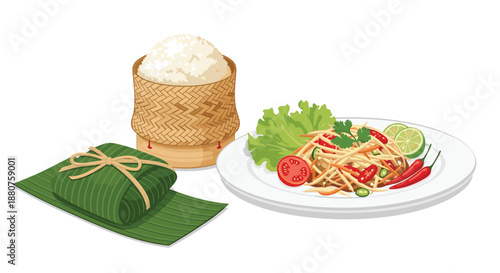 Authentic Thai meal featuring spicy papaya salad or Som Tum on a white plate served with sticky rice in a woven basket and leaf-wrapped food.