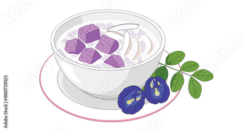 Traditional Thai dessert featuring purple yam chunks in sweet coconut milk served with fresh butterfly pea flowers and young coconut slices in a bowl.