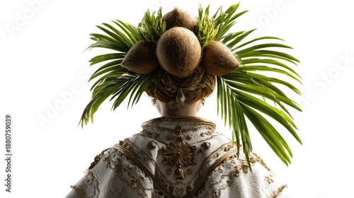 Headdress: A person, viewed from the back, adorned with an elaborate headdress of coconuts and verdant palm leaves, embodies a fusion of nature and artistry.