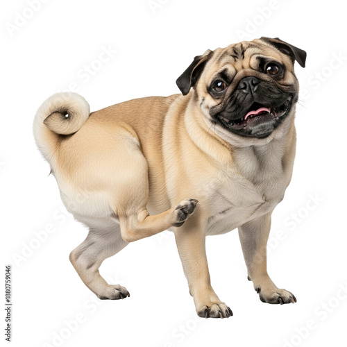 Various dog species and breeds like the pug shown here, standing on hind legs, showcasing different dog behaviors in a studio setting, captured in a clear, 29.png style