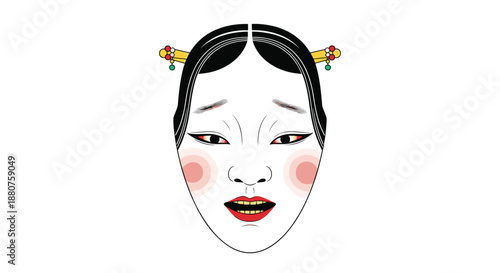 Traditional Japanese Noh mask illustration with a characteristic white face and theatrical makeup used in classical performance and cultural arts.