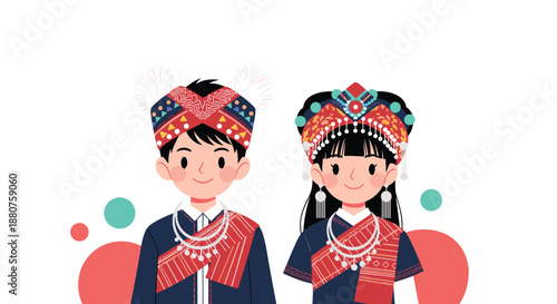 Illustration of a man and woman dressed in elaborate traditional hill tribe clothing from Northern Thailand and neighboring ethnic cultural regions.