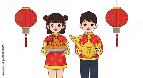 Happy children celebrating Chinese New Year in traditional red outfits holding lucky symbols like oranges and a golden fish to bring good fortune.