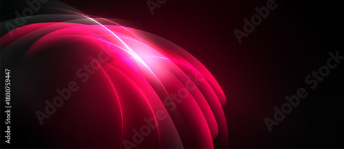 Abstract design features curved shapes, vibrant pink hues, dynamic light effects. Dark background emphasizes glowing elements, creating modern aesthetic.
