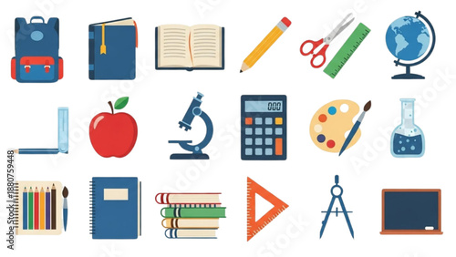 Collection of educational icons representing various school subjects and activities