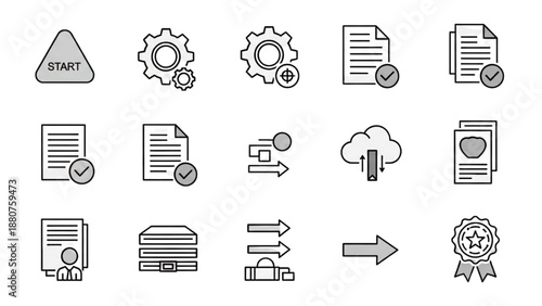 A collection of simple line icons representing workflow stages and document processing steps in a clean and organized layout
