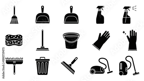 Assorted cleaning tools and supplies arranged neatly on a surface