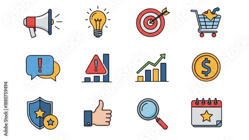 Collection of business icons representing marketing and finance concepts in a grid layout on a clean background from a straightforward viewpoint