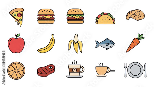 Assorted Food Items Illustration Featuring Pizza, Burgers, and Fruits on a Clean White Background from a Straight-On Viewpoint