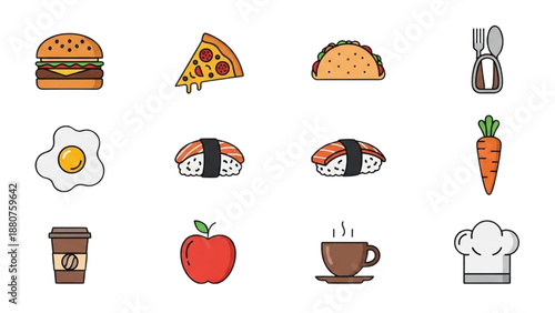 A vibrant collection of food icons showcasing various cuisine from around the world in a simple flat design style