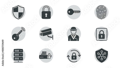 Collection of security icons representing protection and safety measures in a digital environment from a straightforward viewpoint