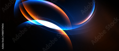 Abstract flowing shapes, vibrant blue, orange hues. Bright white light emanates from center, dark background creates contrast.