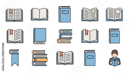 Collection of various book icons and a person holding a book, representing literature and education, in a flat design style from a straightforward viewpoint