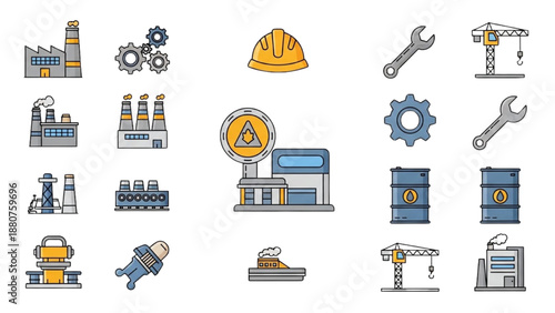 Industrial machinery and equipment icons representing manufacturing processes and factory operations from a technical viewpoint.