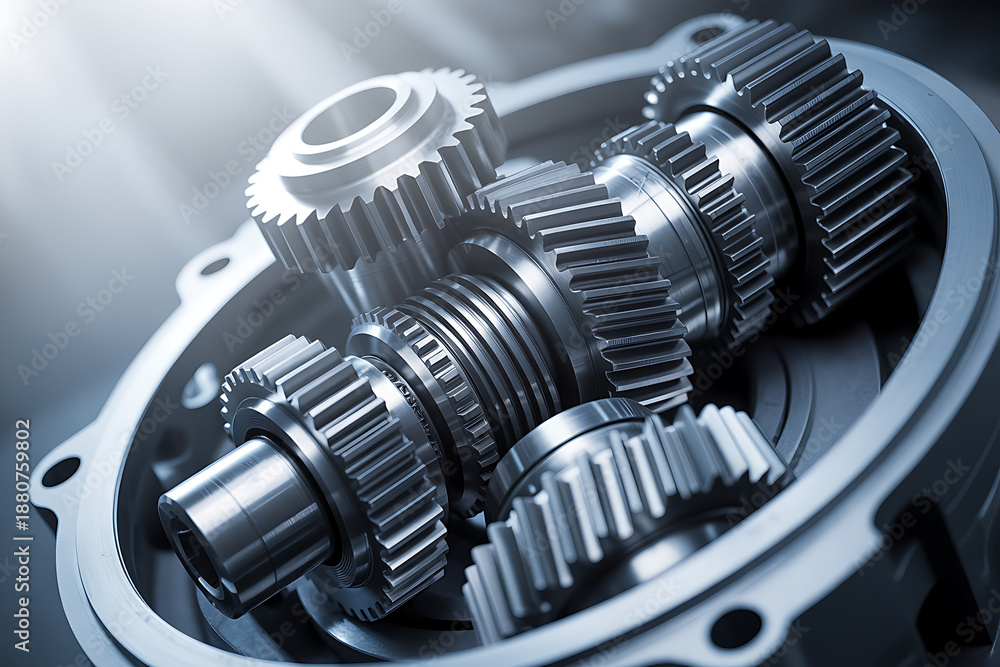 Fototapeta premium Internal mechanical view of interlocking steel gears in a precision engine