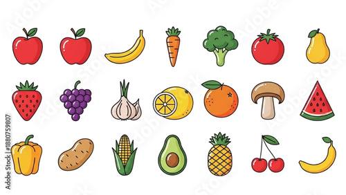 Fresh Fruits and Vegetables Displayed on a White Background from a Top-Down View