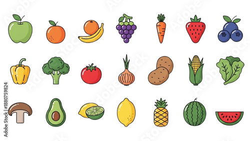 Assorted fruits and vegetables arranged in a grid pattern on a clean white background from a direct overhead viewpoint